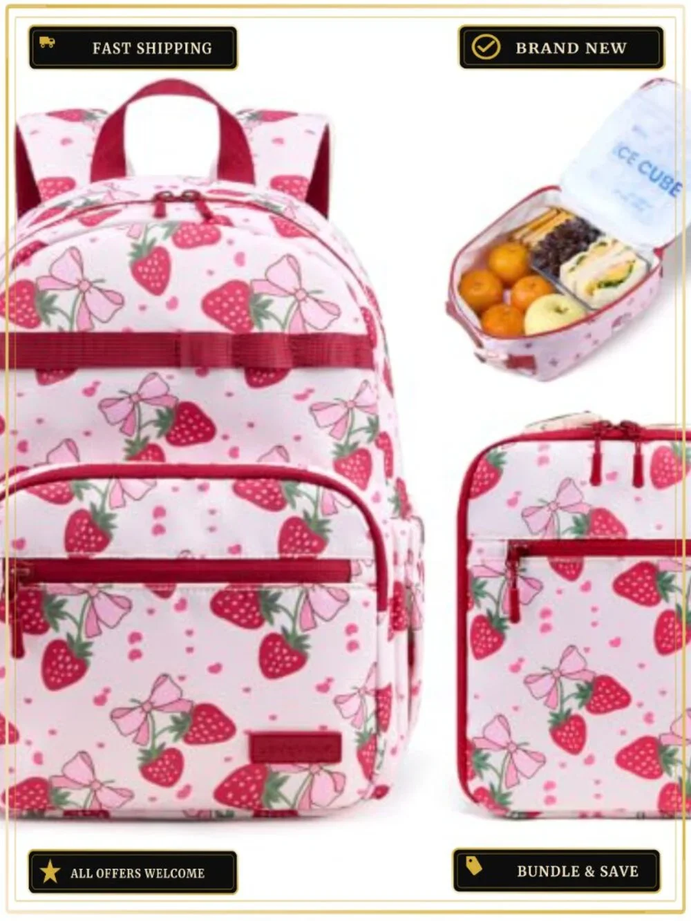 Kids Strawberry Backpack with Lunch Bag, Cute Preschool Bookbag,